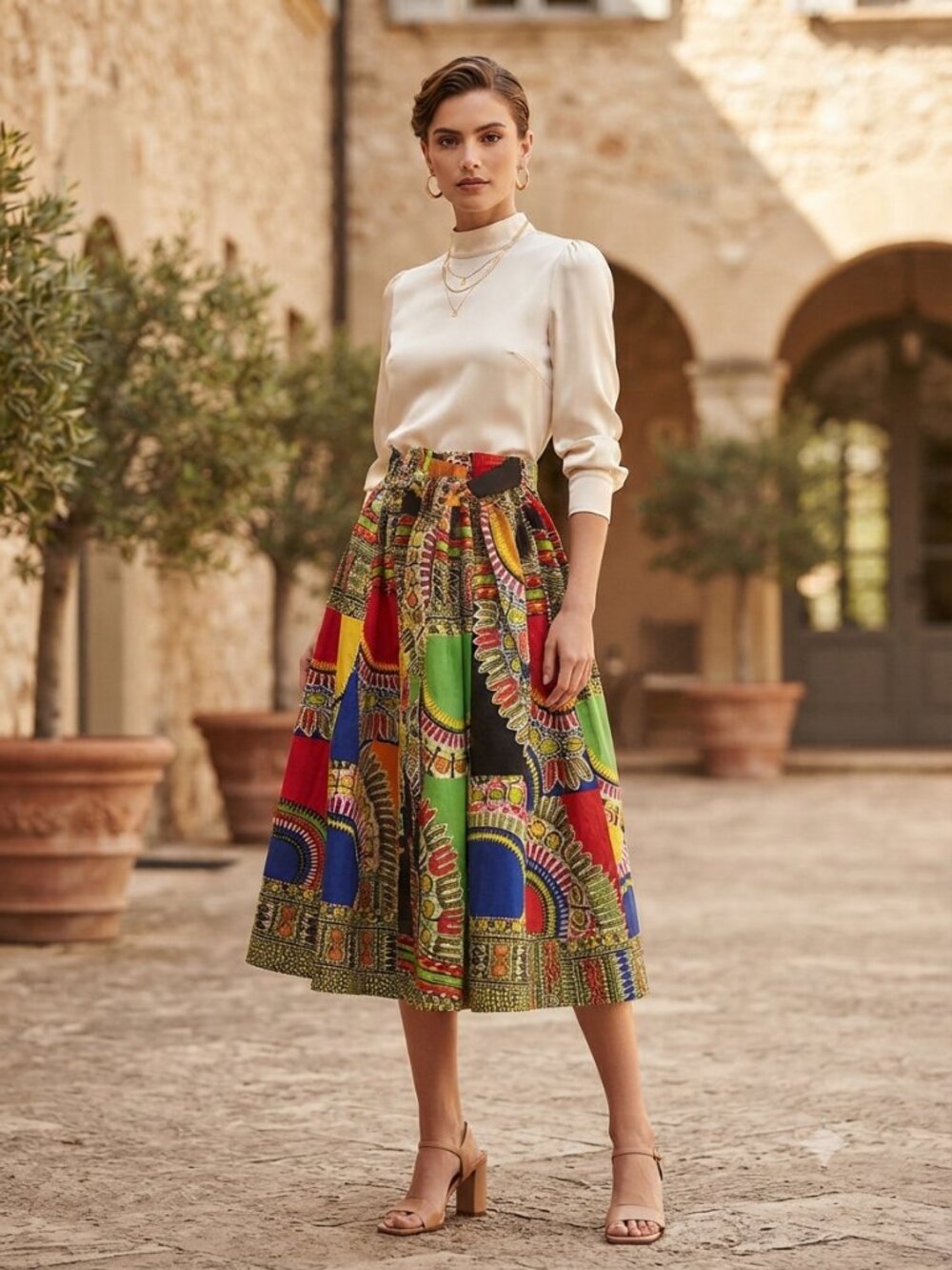 Vibrant African Dashiki Ethnic Patchwork Print Festival Tribal Skater Skirt